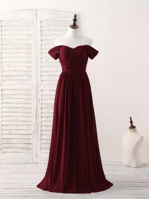 Off Shoulder Floor Length Burgundy Chiffon Long Bridesmaid Dress