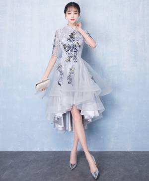 Gray Tulle Lace With Applique Cute High Low Prom Homecoming Dress