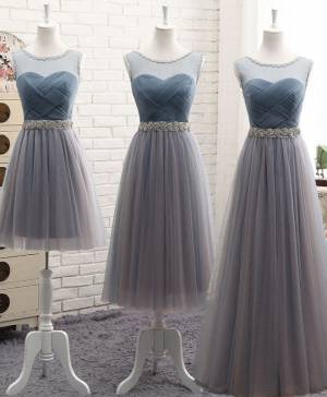 Gray Tulle Round Neck Prom Evening Dress