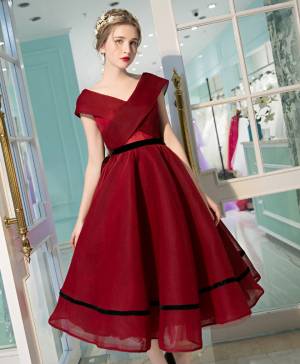 Burgundy V-neck Tea-length Prom Evening Dress