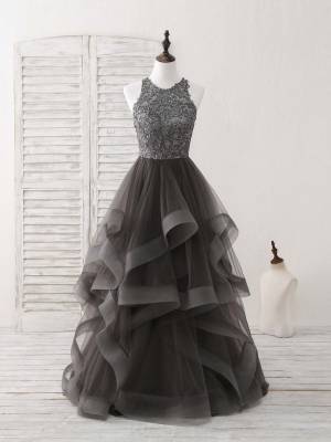 Lace Tulle Round Neck With Applique Unique Long Prom Dress