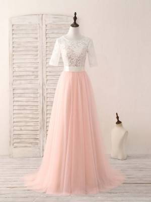 Pink Tulle Lace Long Prom Bridesmaid Dress