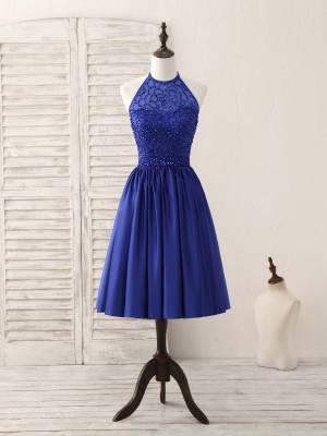 Blue Satin With Beads Short/Mini Royal Prom Homecoming Dress