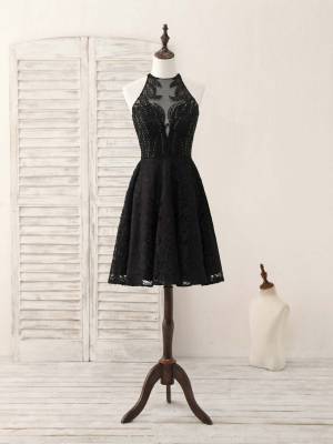 Black Lace Round Neck With Beads Short/Mini Prom Homecoming Dress