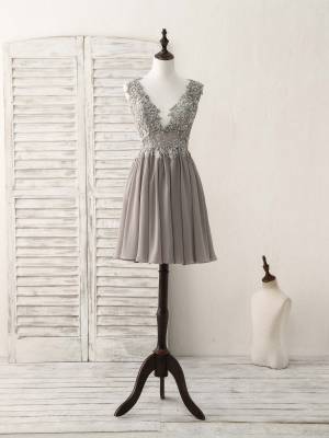 Gray Lace Chiffon V-neck Short/Mini Cute Prom Homecoming Dress