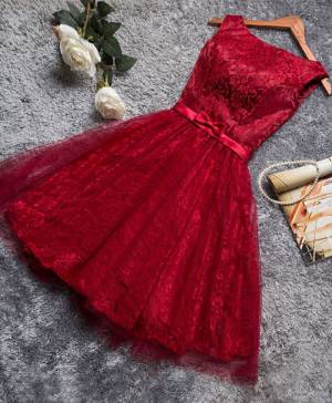 Burgundy Lace A-line Short/Mini Prom Evening Dress