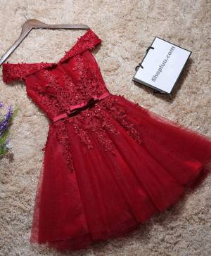 Off Shoulder Burgundy Lace Short/Mini Prom Dress