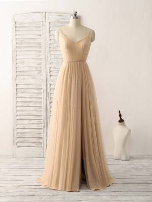 Champagne Tulle Chiffon V-neck Simple Long Prom Bridesmaid Dress
