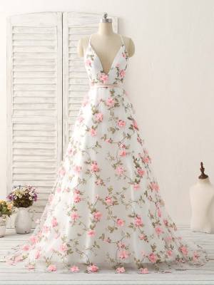 A Line Straps Tulle  V-neck Prom Dress With 3d Flower