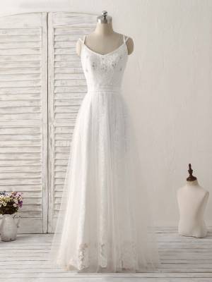 White Tulle Lace V-neck Long Prom Evening Dress