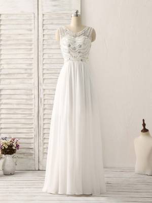 White Chiffon V-neck With Pearl Hanging Drill Long Prom Dress