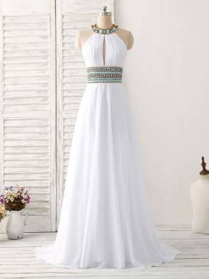 White Chiffon With Beads Long Prom Evening Dress