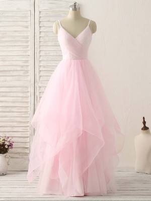 Spaghetti Straps Pink Tulle V-neck Long Prom Evening Dress