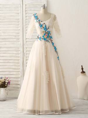 Champagne Lace Tulle With Applique Unique Long Prom Bridesmaid Dress