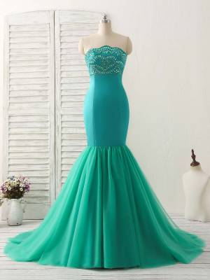 Green Tulle Long Mermaid Prom Evening Dress
