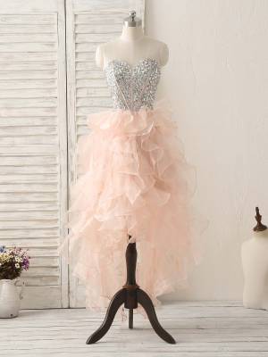 Pink Organza Sweetheart With Rhinestones Prom Homecoming Dress