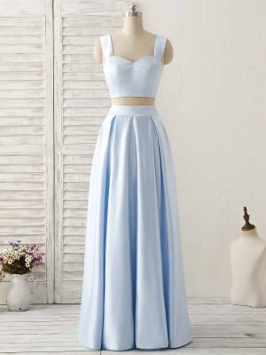Blue Satin Two Pieces Long Simple Prom Evening Dress