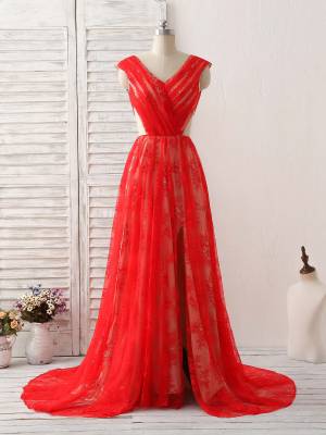 Red Lace V-neck Long Prom Evening Dress
