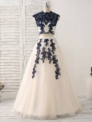 Dark/Blue Lace Tulle Two Pieces Long Prom Evening Dress