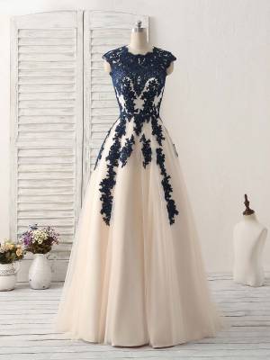 Dark/Blue Lace Tulle With Applique Long Prom Bridesmaid Dress