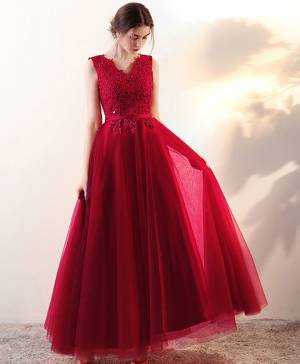 Burgundy Tulle Lace V-neck Long Prom Evening Dress