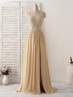 Champagne Sweetheart With Beads Long Prom Evening Dress