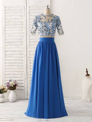 Blue With Applique Unique Two Pieces Long Prom Formal Dress