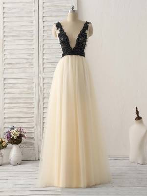 Champagne Tulle V-neck With Beads Long Prom Dress
