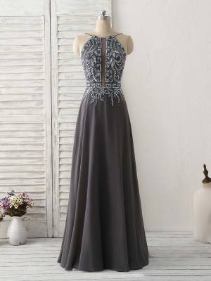 Dark/Gray With Sequin/Beads Long Backless Prom Evening Dress