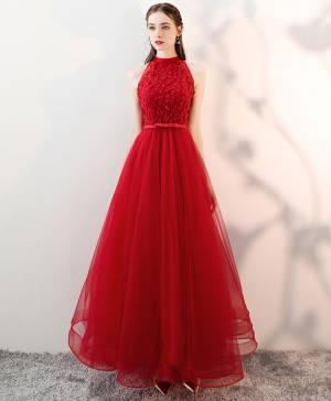 Red Tulle V-neck Long Prom Evening Dress