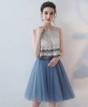 Blue Lace Tulle Short/Mini Prom Homecoming Dress
