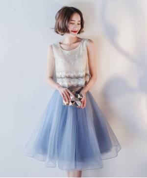 Blue Lace Tulle Knee-length Prom Homecoming Dress