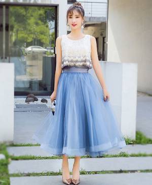 Blue Lace Tulle Tea-length Prom Homecoming Dress
