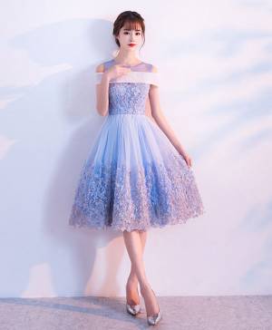 Blue Lace Tulle Short/Mini Cute Prom Homecoming Dress