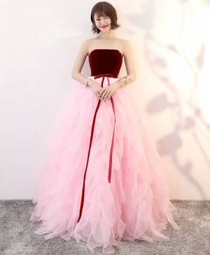 Pink Tulle Cute Long Prom Evening Dress