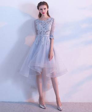 Gray Lace Tulle High Low Prom Evening Dress