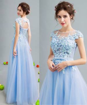 Sky Blue Lace Tulle Long Prom Evening Dress