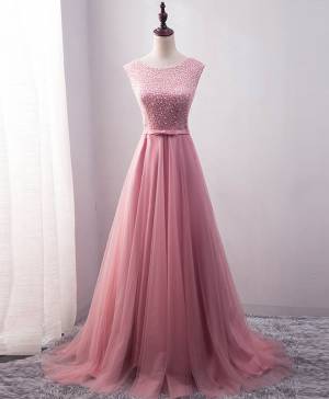 Pink Tulle A-line Long Prom Evening Dress