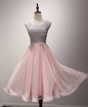 Pink Tulle Lace A-line Tea-length Prom Evening Dress