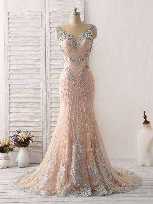 Pink Lace With Sequin/Beads Long Mermaid Prom Dress