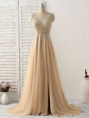 Champagne Tulle V-neck With Beads Long Prom Evening Dress