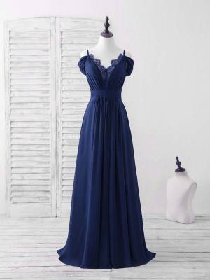 Blue Lace Chiffon Long Prom Bridesmaid Dress