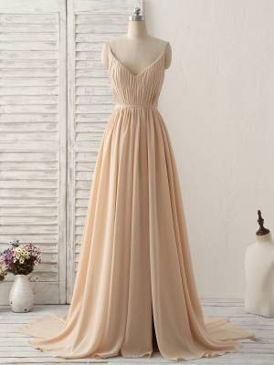 Champagne Chiffon V-neck Simple Long Prom Bridesmaid Dress