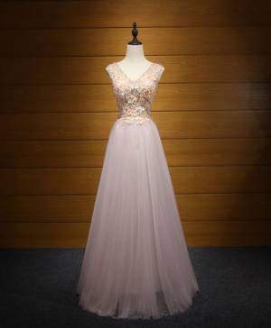 Tulle Lace V-neck Elegant Long Prom Evening Dress
