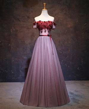 Pink Tulle Lace With Applique Long Prom Evening Dress