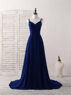 Blue Chiffon Simple Long Backless Prom Evening Dress