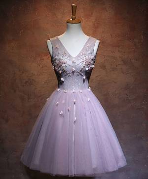 Pink Tulle V-neck Short/Mini Prom Homecoming Dress