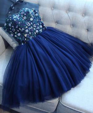 Blue Tulle A-line With Sequins Short/Mini Prom Evening Dress