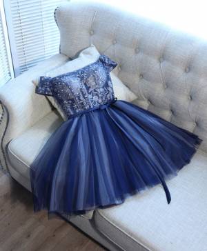 Blue Lace Off-the-shoulder Short/Mini Prom Evening Dress