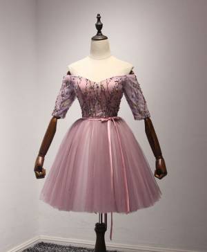 Pink Tulle Lace Short/Mini Cute Prom Homecoming Dress